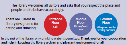 There are 3 areas in the library designated for eating and drinking